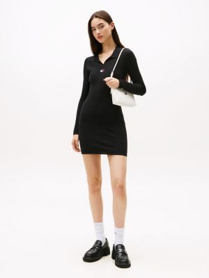 Tommy Jeans Rib-Knit Sweater Polo Dress, Black