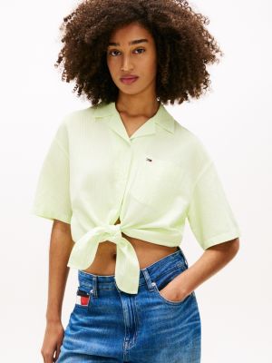 Tommy Jeans Tie-Front Linen-Blend Shirt, Faded Lime / Stripe