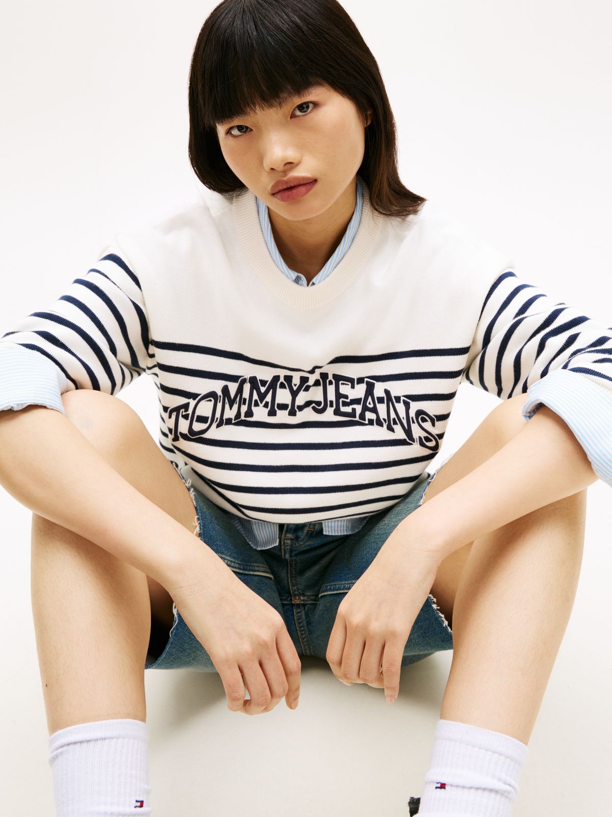 Tommy Jeans Varsity Logo Stripe Sweater — Ancient White