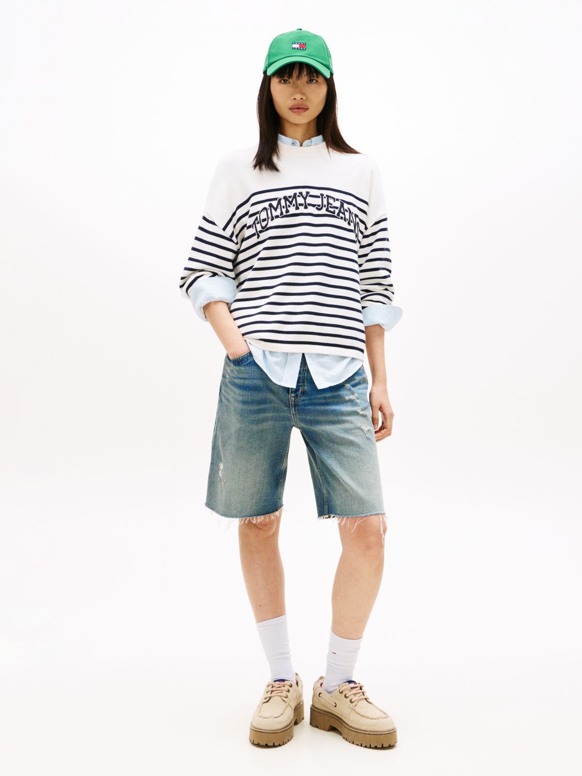 Tommy Jeans Varsity Logo Stripe Sweater — Ancient White