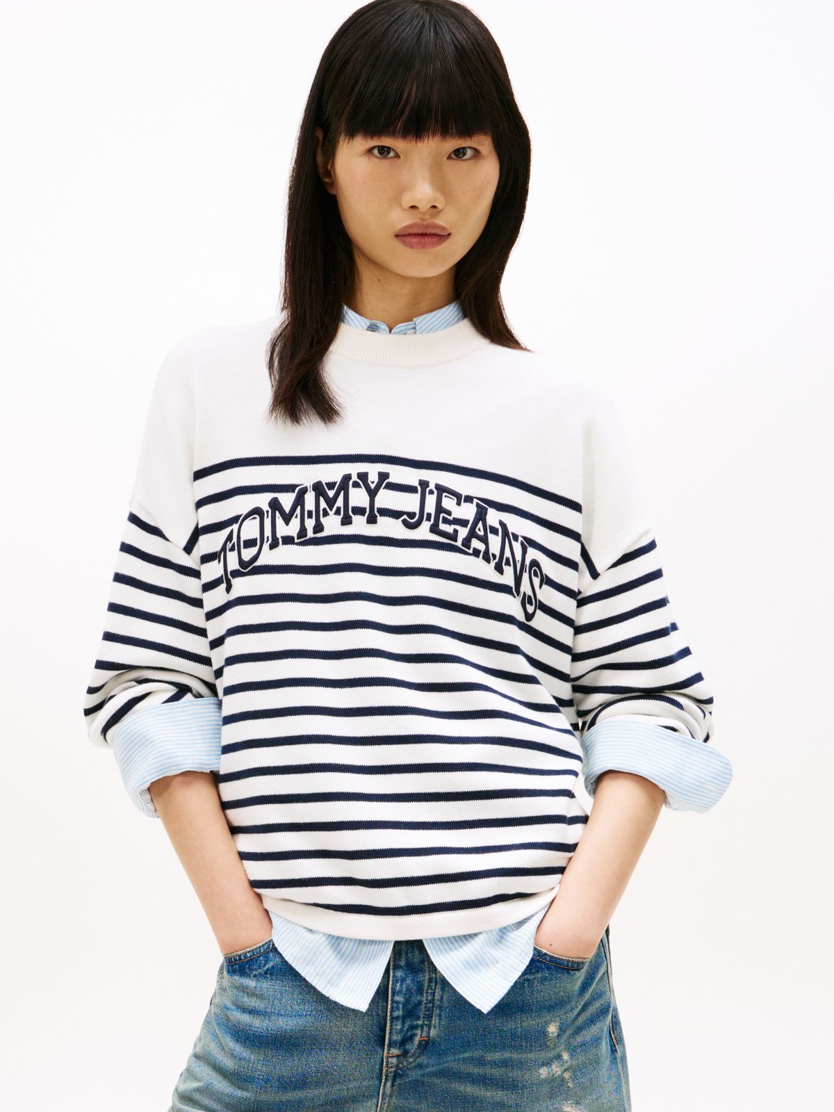 Tommy Jeans Varsity Logo Stripe Sweater — Ancient White