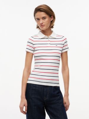 Tommy Jeans Slim Fit Rib-Knit Polo, Ecru / Multi Stripe