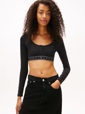 Tommy Jeans Logo Tape Crop Top, Black