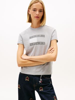 Tommy Jeans Weathered Flag Logo T-Shirt, Tonal Mid Grey Heather