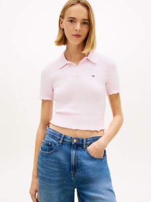 Tommy Jeans Lettuce-Trim Sweater Polo, Pearly Pink