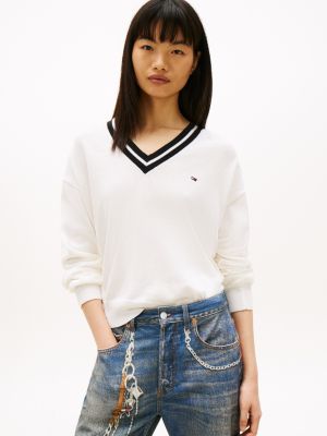 Tommy Jeans Relaxed Fit V-Neck Sweater, Ancient White