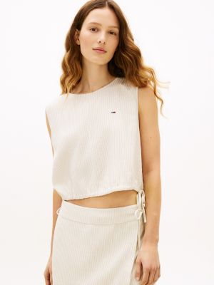 Tommy Jeans Side-Tie Linen-Blend Top, White Clay / Stripe