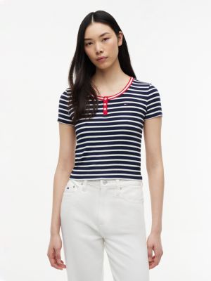 Tommy Jeans Striped Rib-Knit Henley, Navy Blue Stripe