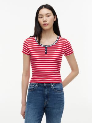 Tommy Jeans Striped Rib-Knit Henley, Amaryllis Red / Stripe