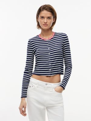 Tommy Jeans Slim Fit Rib-Knit Cardigan, Navy Blue Stripe