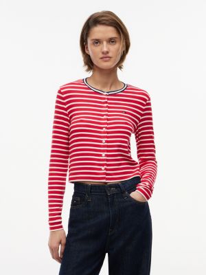 Tommy Jeans Slim Fit Rib-Knit Cardigan, Amaryllis Red / Stripe