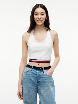 Tommy Jeans Slim Fit Halter Crop Top, Ecru