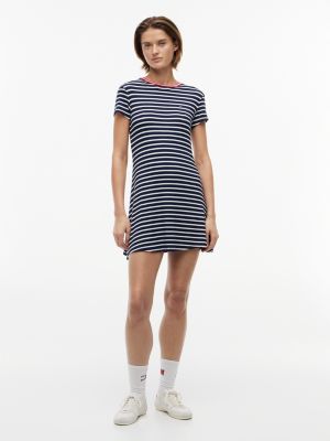 Tommy Jeans Fit & Flare Mini Dress, Navy Blue Stripe