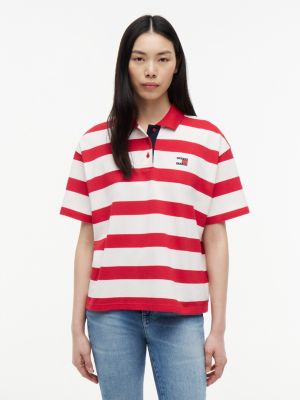 Tommy Jeans Relaxed Fit Striped Polo, Amaryllis Red / Stripe