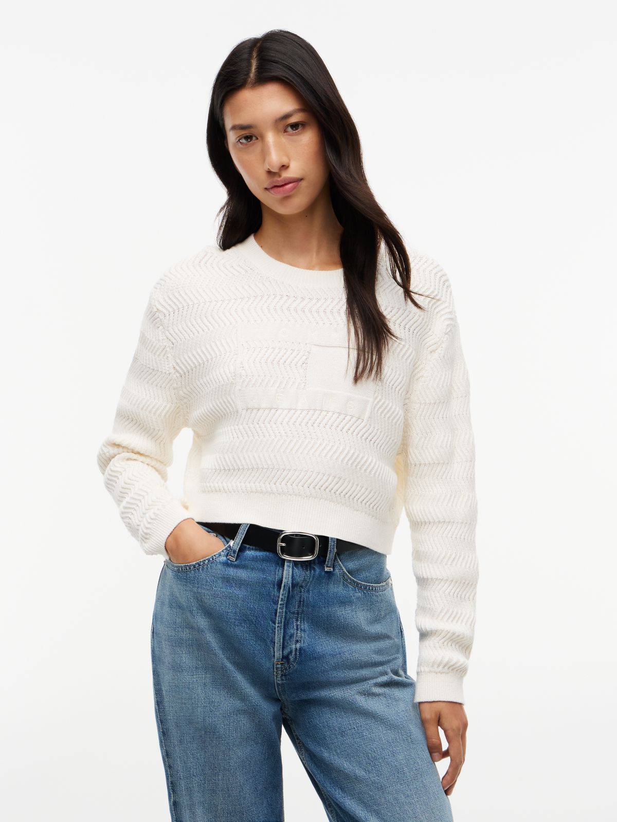 Tommy Jeans Textured Lace-Up Sweater — Ancient White