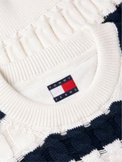 Tommy Jeans Striped Cable Knit Sweater — Navy Blue / Ecru Stripe 6