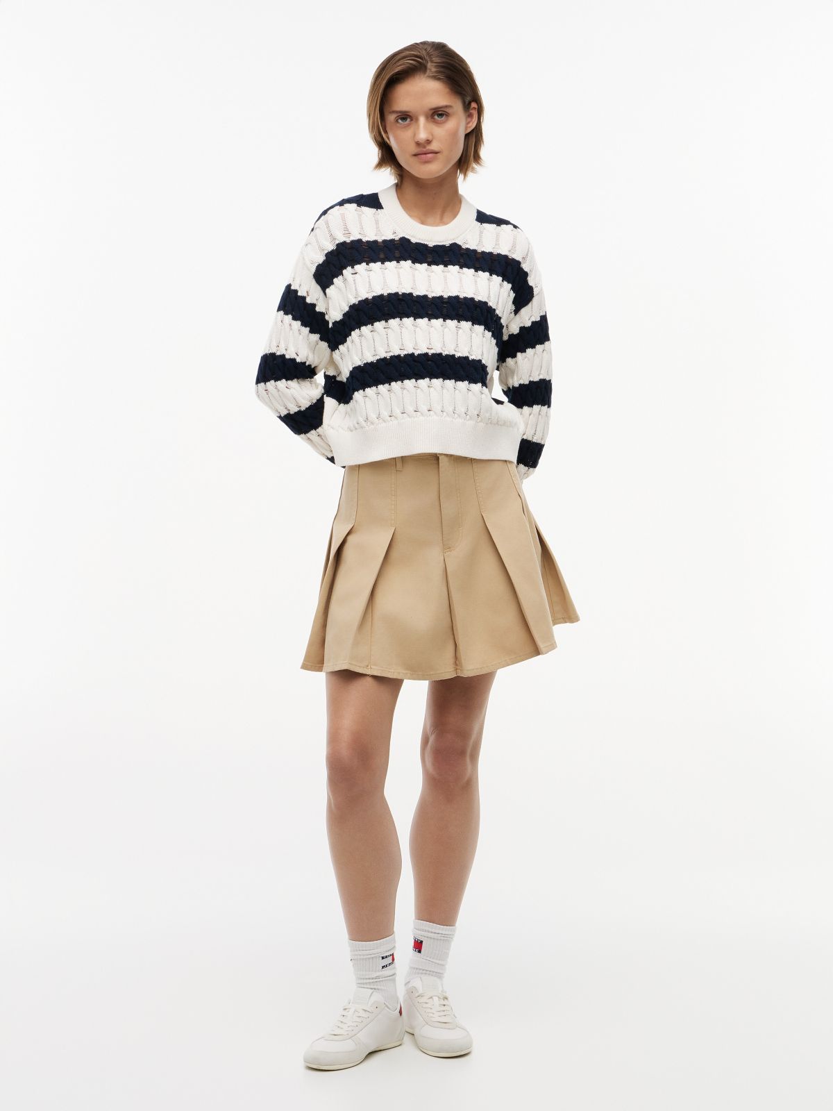 Tommy Jeans Striped Cable Knit Sweater — Navy Blue / Ecru Stripe