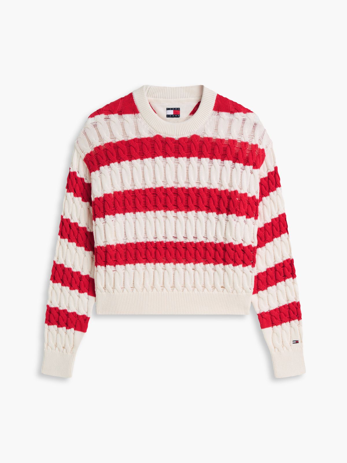 Tommy Jeans Striped Cable Knit Sweater — Amaryllis Red / Stripe