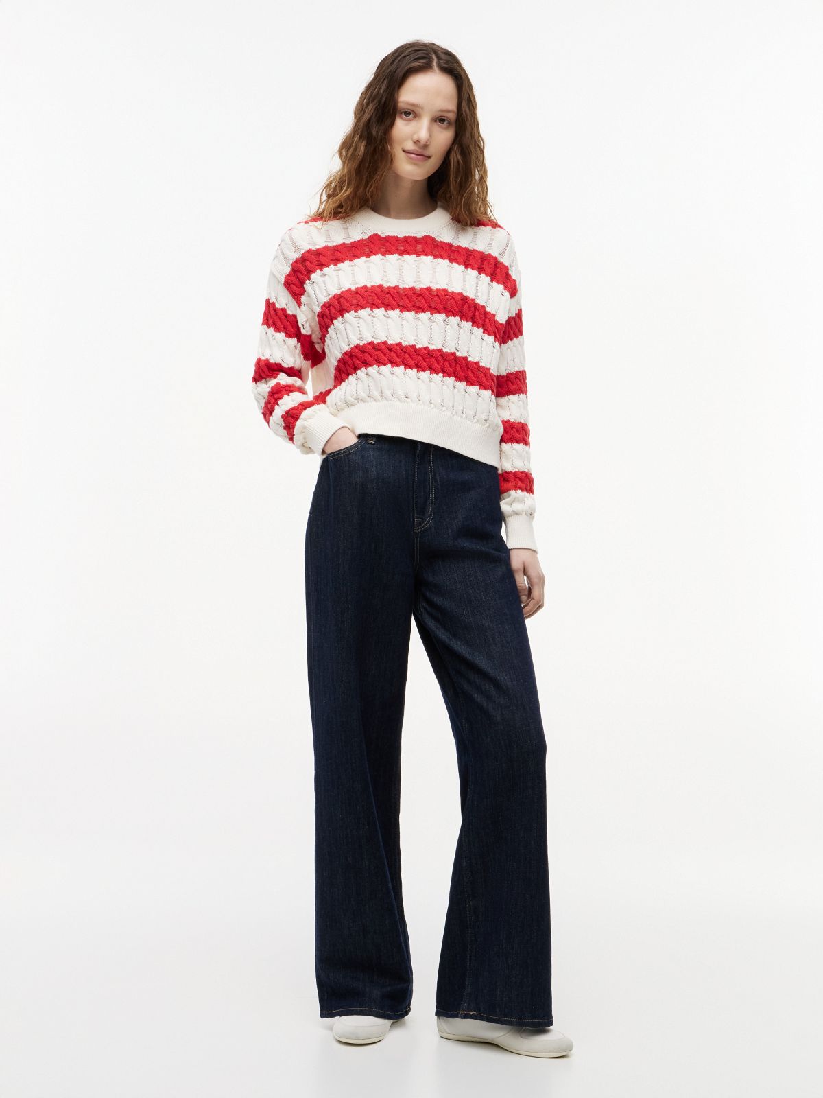 Tommy Jeans Striped Cable Knit Sweater — Amaryllis Red / Stripe
