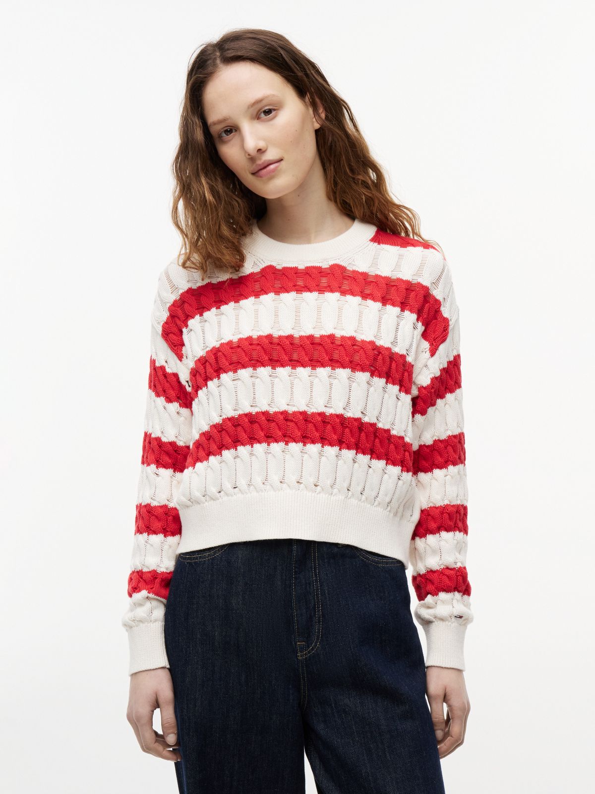 Tommy Jeans Striped Cable Knit Sweater — Amaryllis Red / Stripe
