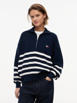 Tommy Jeans Quarter-Zip Sweater, Navy Blue / Ecru Stripe