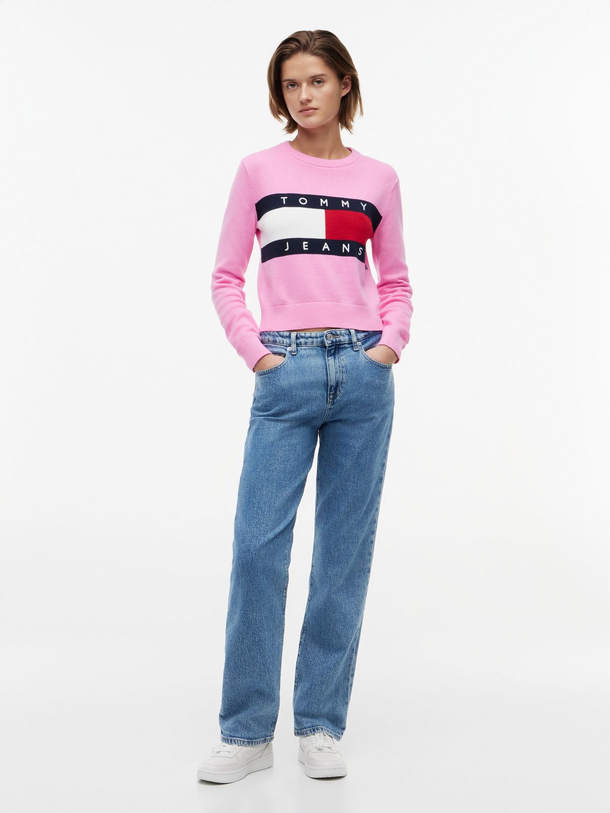 Tommy Jeans Intarsia Flag Logo Sweater — Pink Daisy