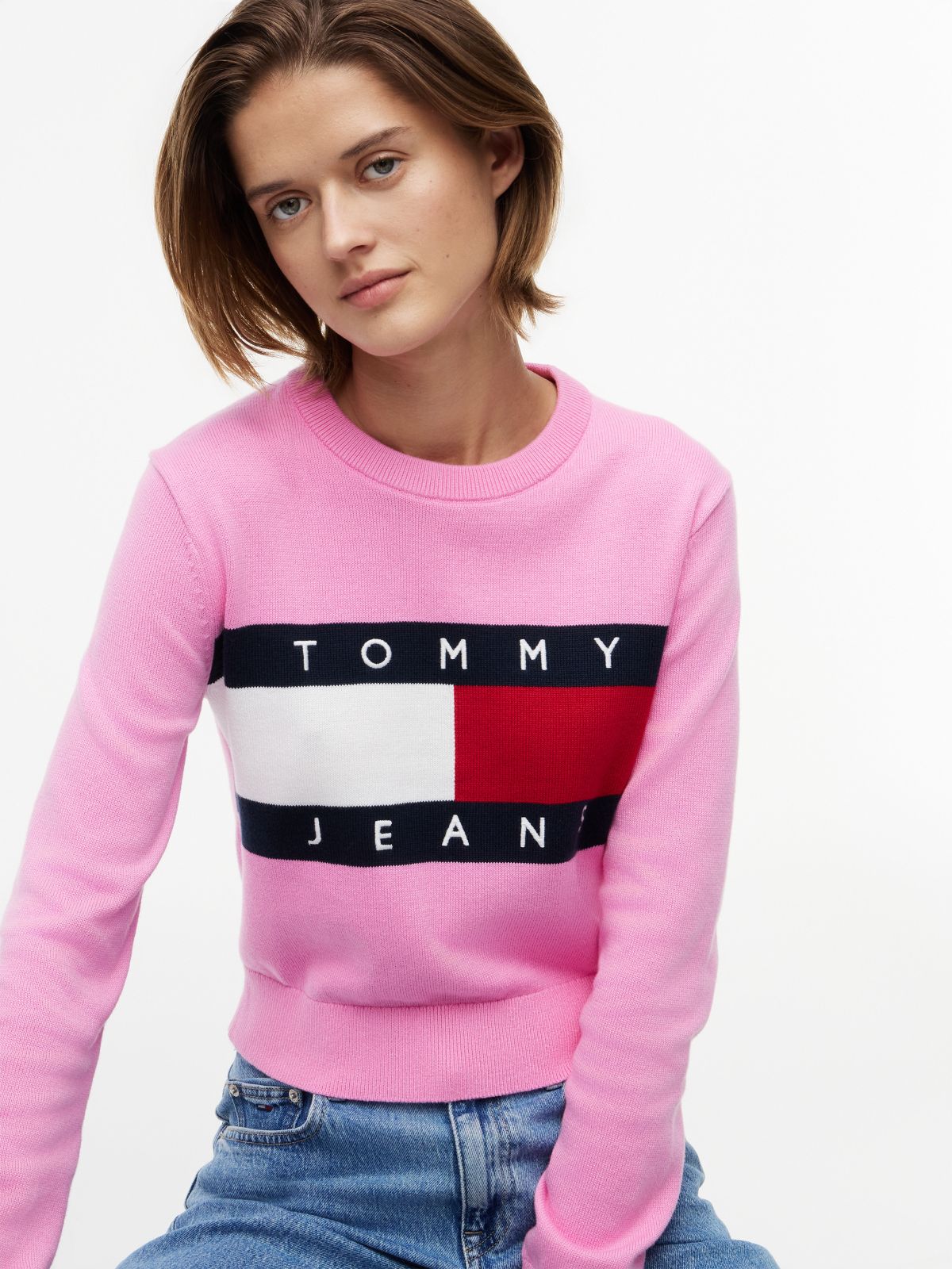 Tommy Jeans Intarsia Flag Logo Sweater — Pink Daisy