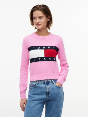 Tommy Jeans Intarsia Flag Logo Sweater, Pink Daisy