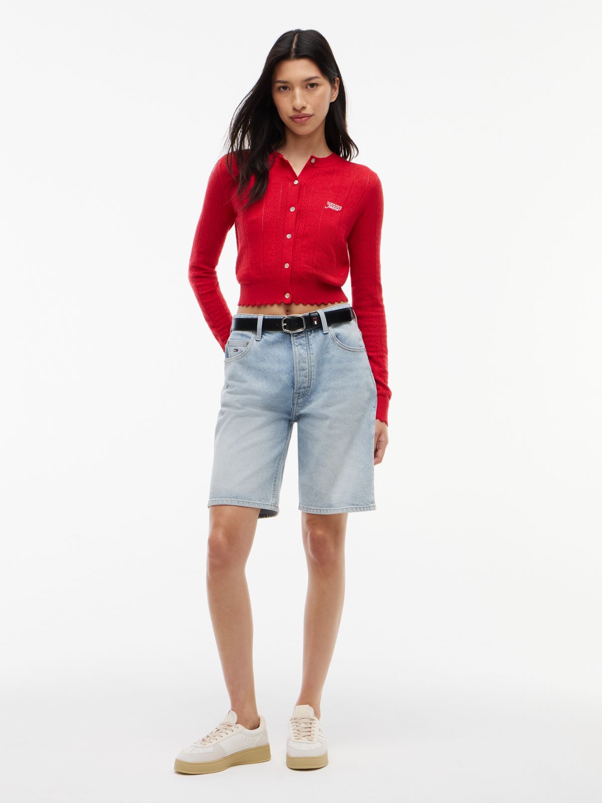 Tommy Jeans Flag Logo Pointelle Cardigan — Amaryllis Red