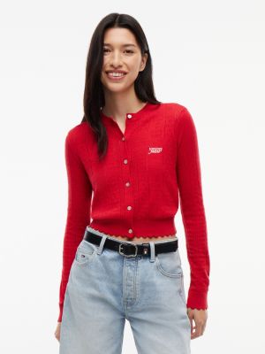 Tommy Jeans Flag Logo Pointelle Cardigan, Amaryllis Red