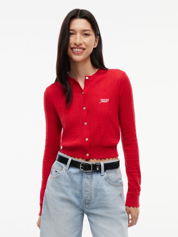 Tommy Jeans Flag Logo Pointelle Cardigan — Amaryllis Red
