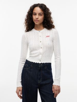 Tommy Jeans Flag Logo Pointelle Cardigan, Ancient White