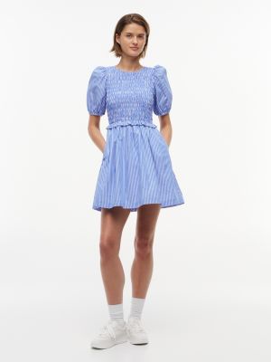 Tommy Jeans Shirred Poplin Mini Dress, Blue / Stripe