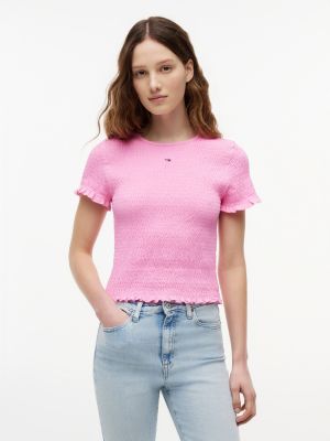 Tommy Jeans Slim Fit Shirred T-Shirt, Pink Daisy