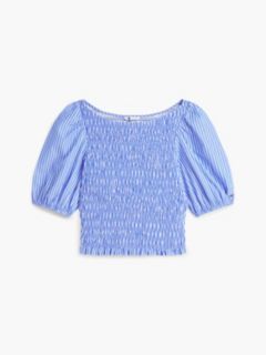 Tommy Jeans Puff-Sleeve Shirred Top — Noble Blue Stripe 5