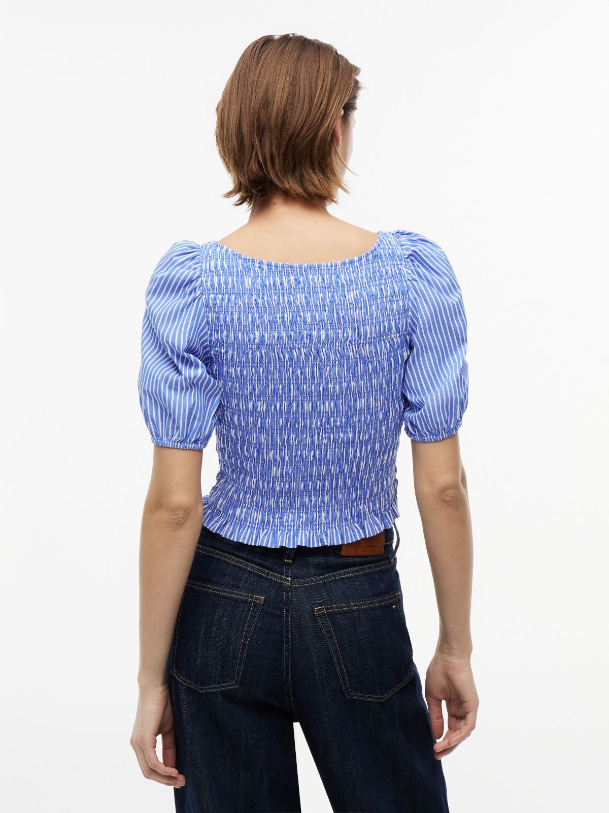Tommy Jeans Puff-Sleeve Shirred Top — Noble Blue Stripe