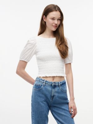 Tommy Jeans Puff-Sleeve Shirred Top, Ecru