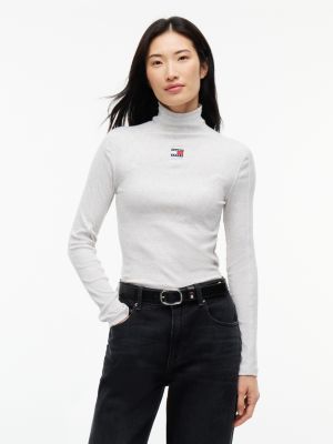 Tommy Jeans Ribbed Mockneck T-Shirt, Ice Grey Heather