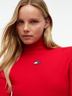 Женская футболка Tommy Hilfiger Tommy Jeans Ribbed Mockneck, цвет: Красный — фото 3
