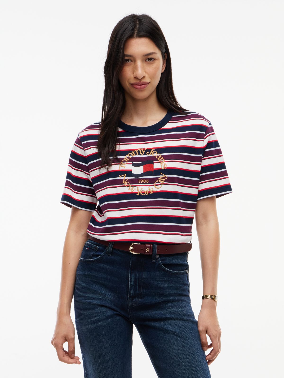 Tommy Jeans NYC Logo Striped T-Shirt — Dark Blue / Multi