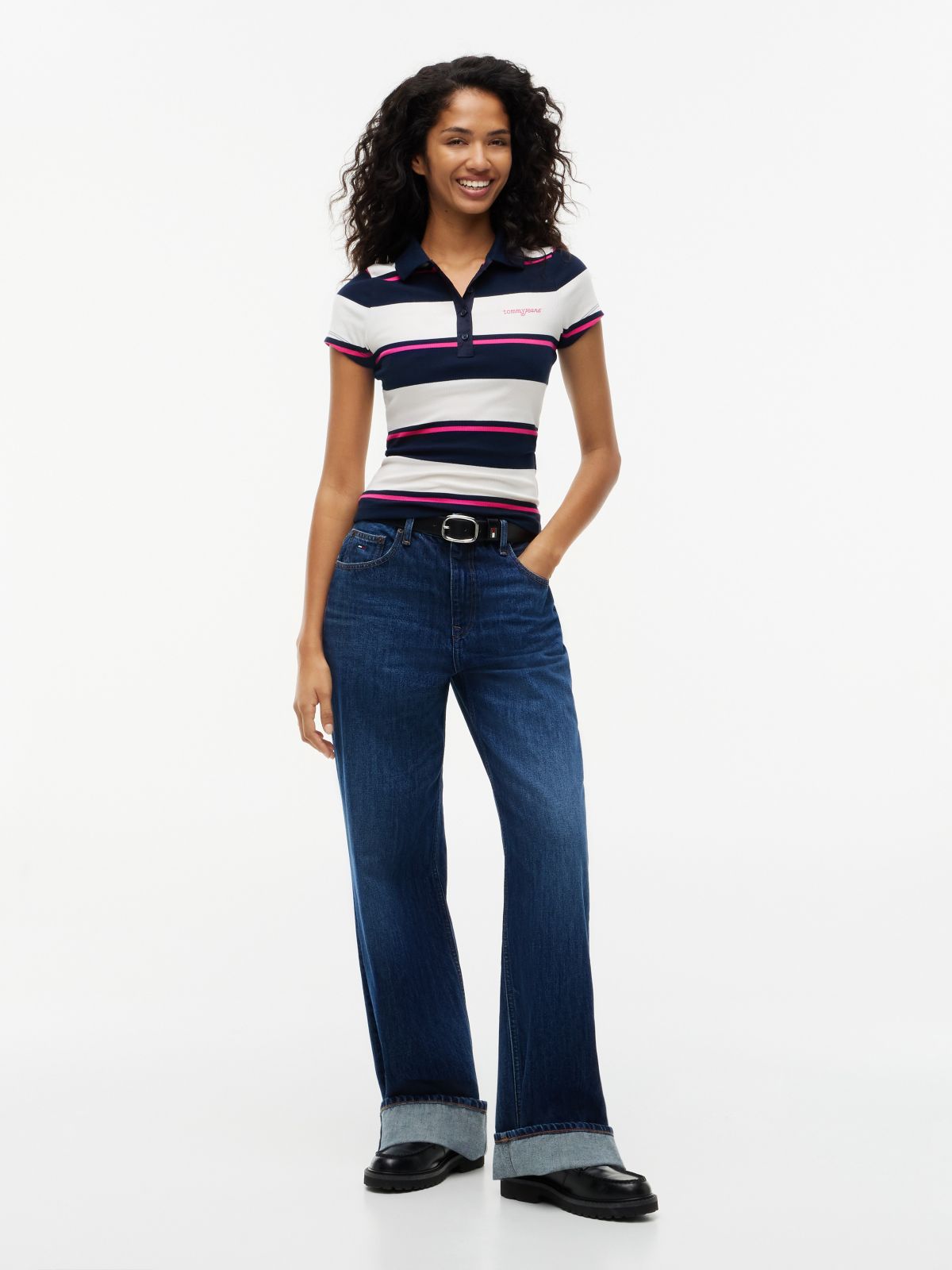 Tommy Jeans Slim Fit Rib-Knit Polo — Off White / Stripe