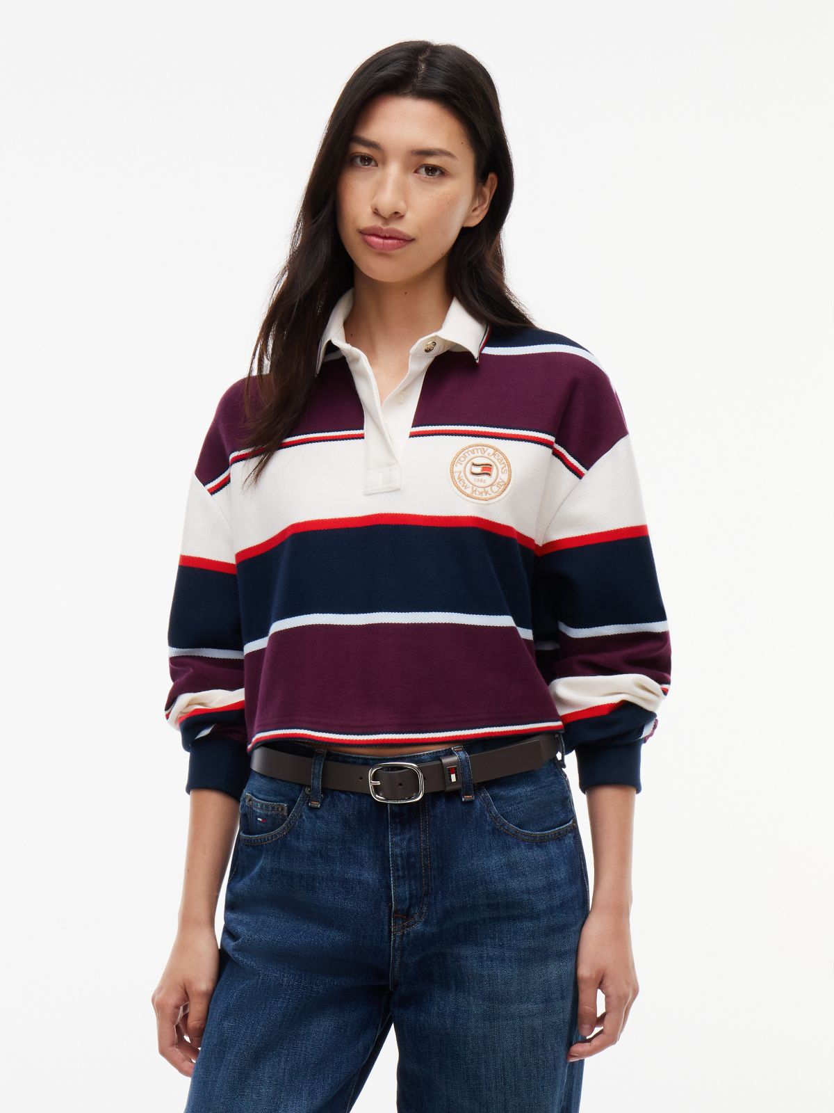 Tommy Jeans Cropped Rugby Sweatshirt — Dark Blue / Stripe