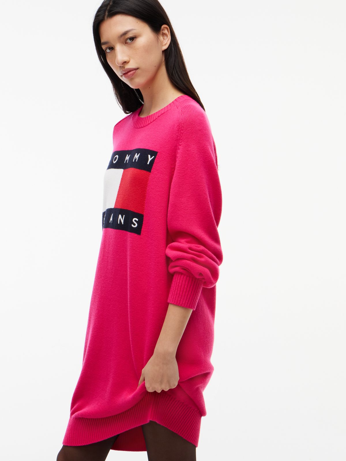 Tommy Jeans Badge Mini Sweater Dress — Bright Cerise Pink