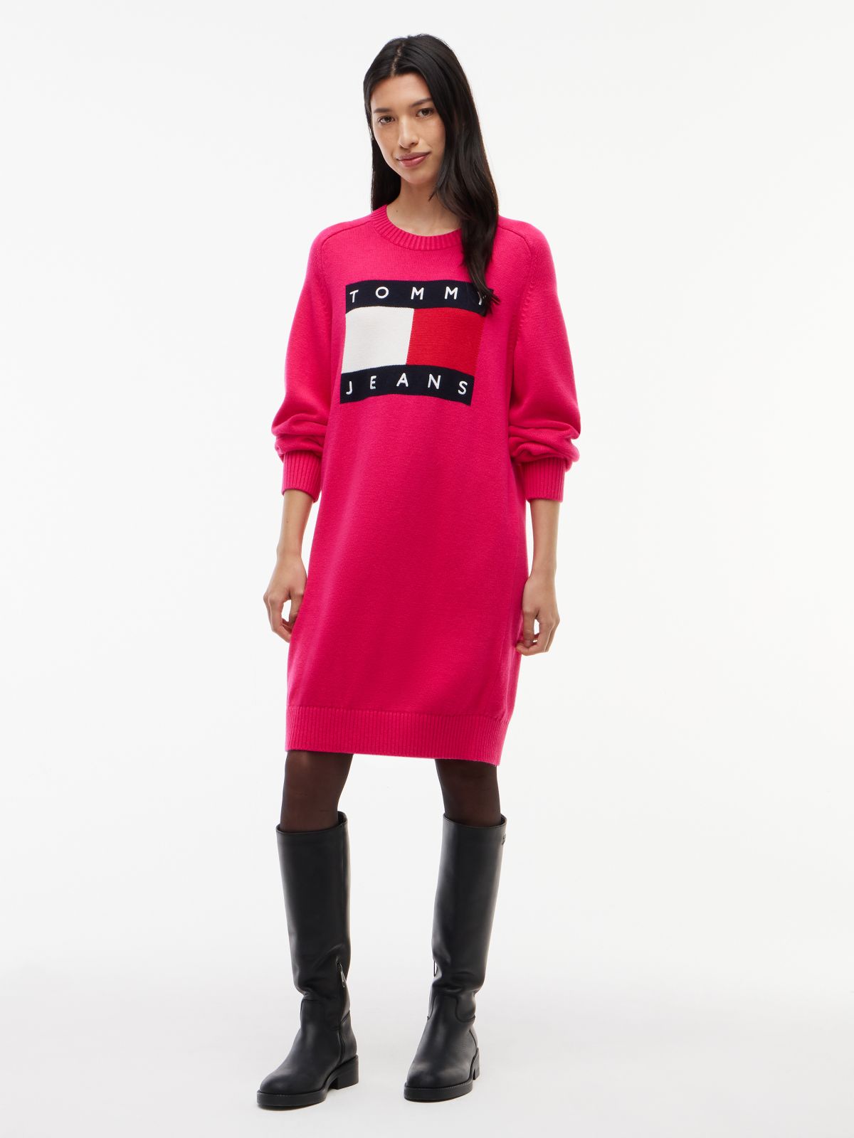 Tommy Jeans Badge Mini Sweater Dress — Bright Cerise Pink