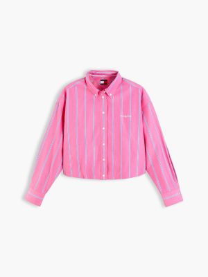 Женская рубашка Tommy Hilfiger Tommy Jeans Bubble-Hem Cropped Shirt, цвет: Яркий розовый / Полосатый — фото 5