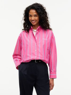 Tommy Jeans Bubble-Hem Cropped Shirt, Bright Cherise Pink / Stripe