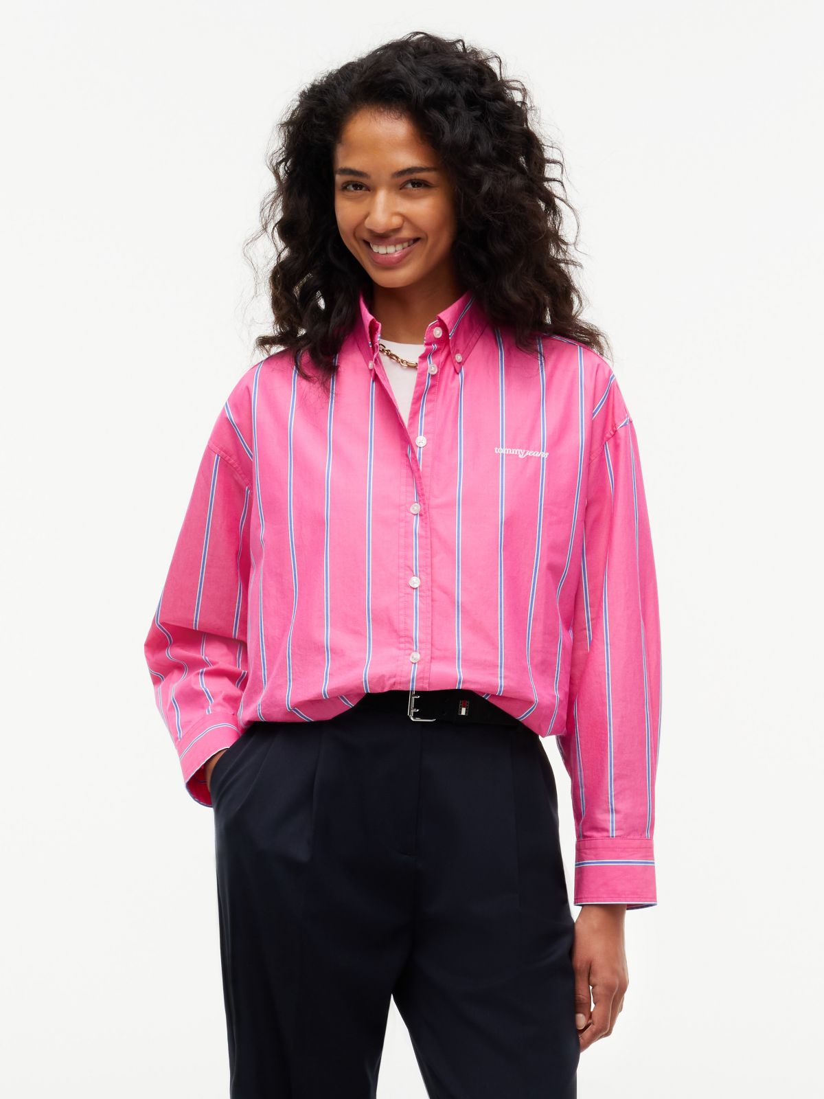 Tommy Jeans Bubble-Hem Cropped Shirt — Bright Cherise Pink / Stripe