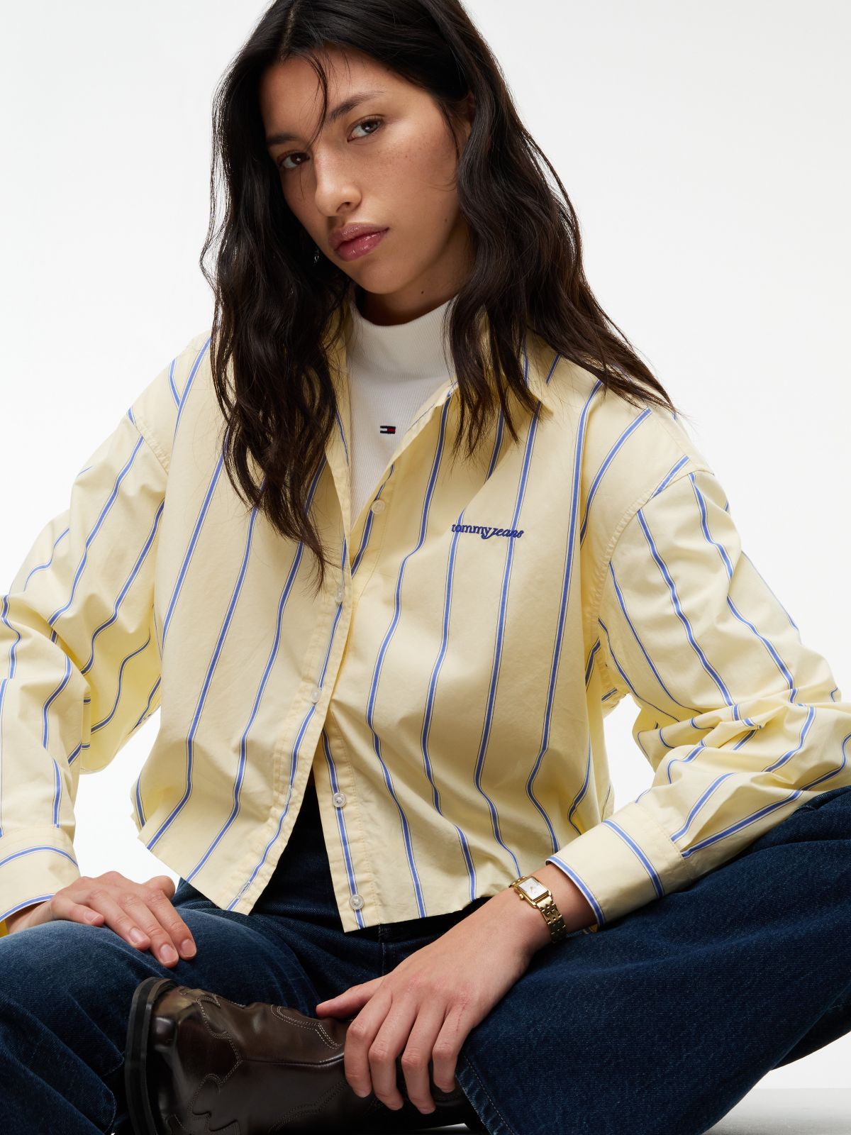 Tommy Jeans Bubble-Hem Cropped Shirt — Day Lily / Stripe