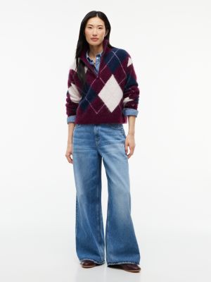Женский свитер Tommy Jeans Argyle Quarter-Zip, цвет: Ягодный — фото 2