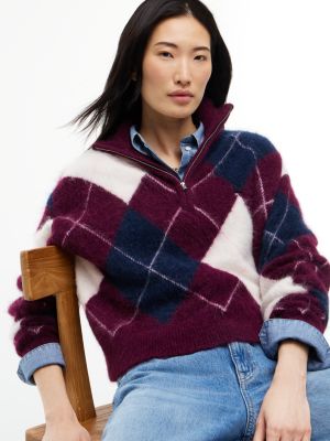 Женский свитер Tommy Jeans Argyle Quarter-Zip, цвет: Ягодный — фото 3